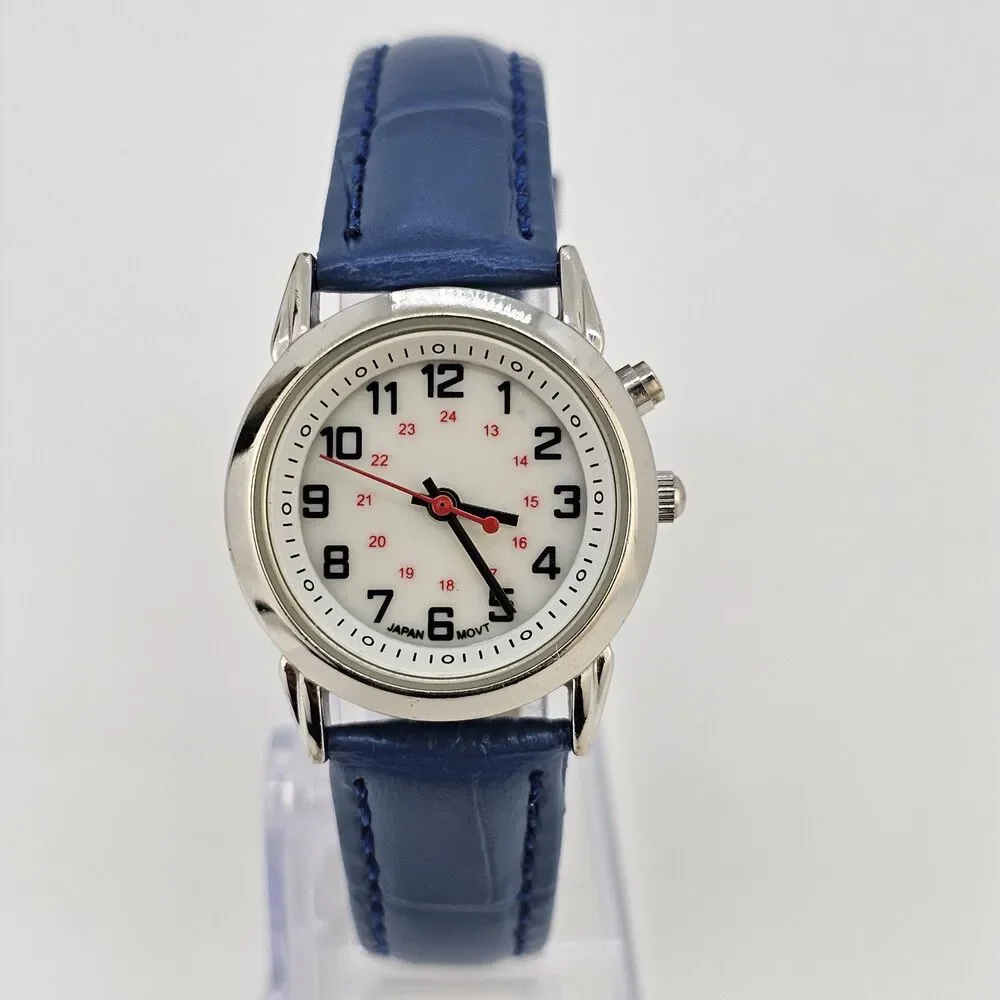 28MM Women Watch White Dial New‎ Blue Leather Bands New Battery READ DESCRIPTION